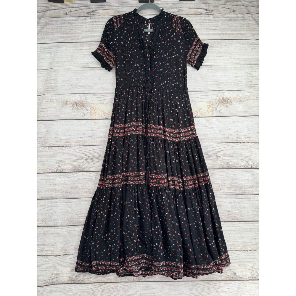 Free People Rare Feelings Maxi Dress Women XS Black Floral Tiered Boho Dress
